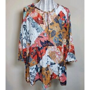 Johnny Was Silk Blend Metalic Thread Tunic 3/4  Puff Sleeves Sheer Floral Sz XL